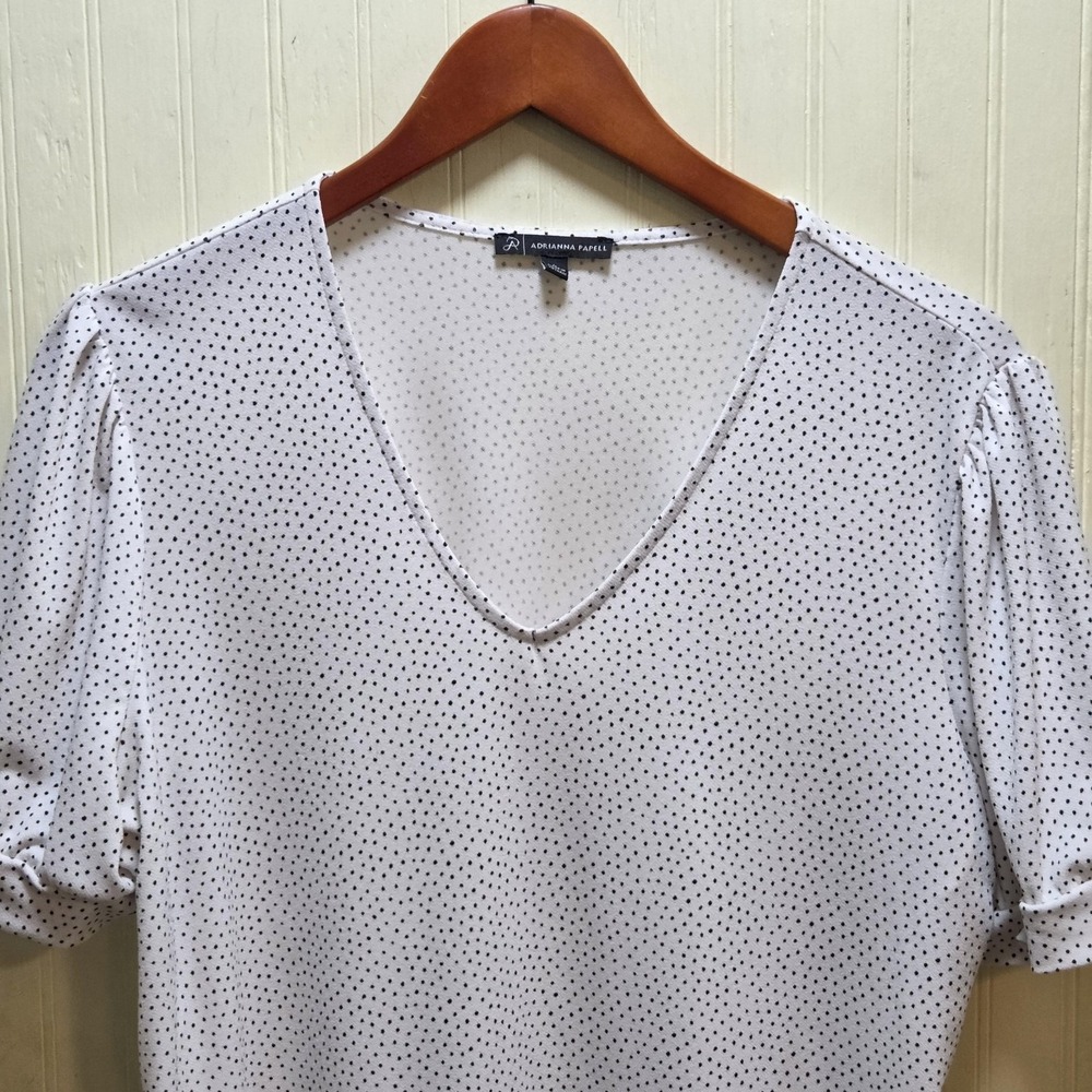 Adrianna Papell Blouse Womens Large White Polka Dot V Neck Puff Sleeve Top